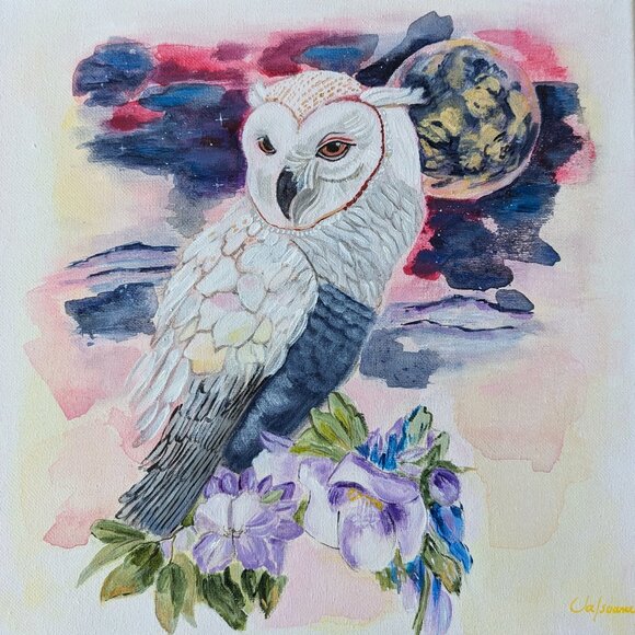 Original Painting Owl Moon Nature Wall Art - Picture 1 of 2